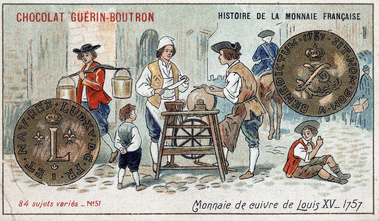 Série Historie francouzské měny nakladatelství Chocolat Guérin Boutron. Chromolitografie 19. století. Měděná mince od Ludvíka XV v roce 1757 od Unknown artist