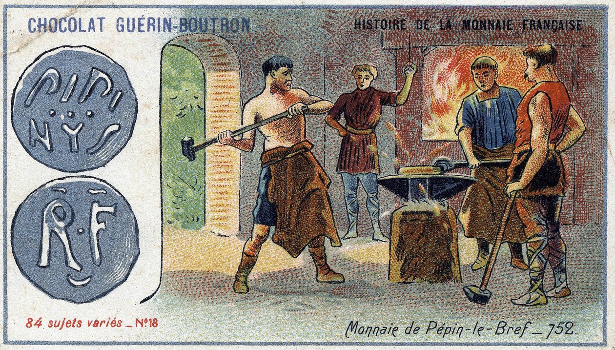 Série Historie francouzské měny nakladatelství Chocolat Guérin Boutron. Chromolitografie 19. století. Pepin měnu brief v roce 752 od Unknown artist