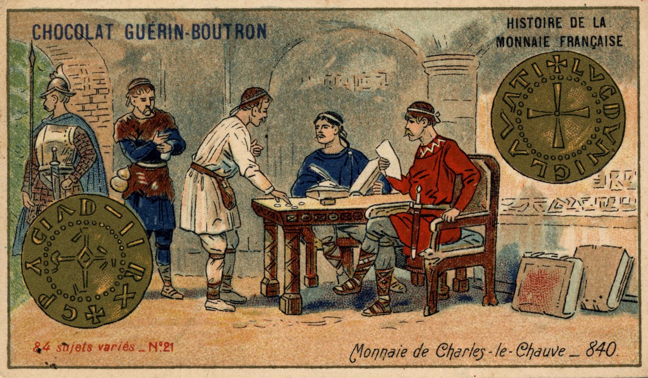 Série Historie francouzské měny nakladatelství Chocolat Guérin Boutron. Chromolitografie 19. století. Mince Karla Plešatého v roce 840 od Unknown artist