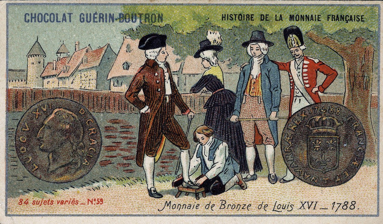 Série Historie francouzské měny nakladatelství Chocolat Guérin Boutron. Chromolitografie 19. století. Bronzová mince Ludvíka XVI. v roce 1788 od Unknown artist