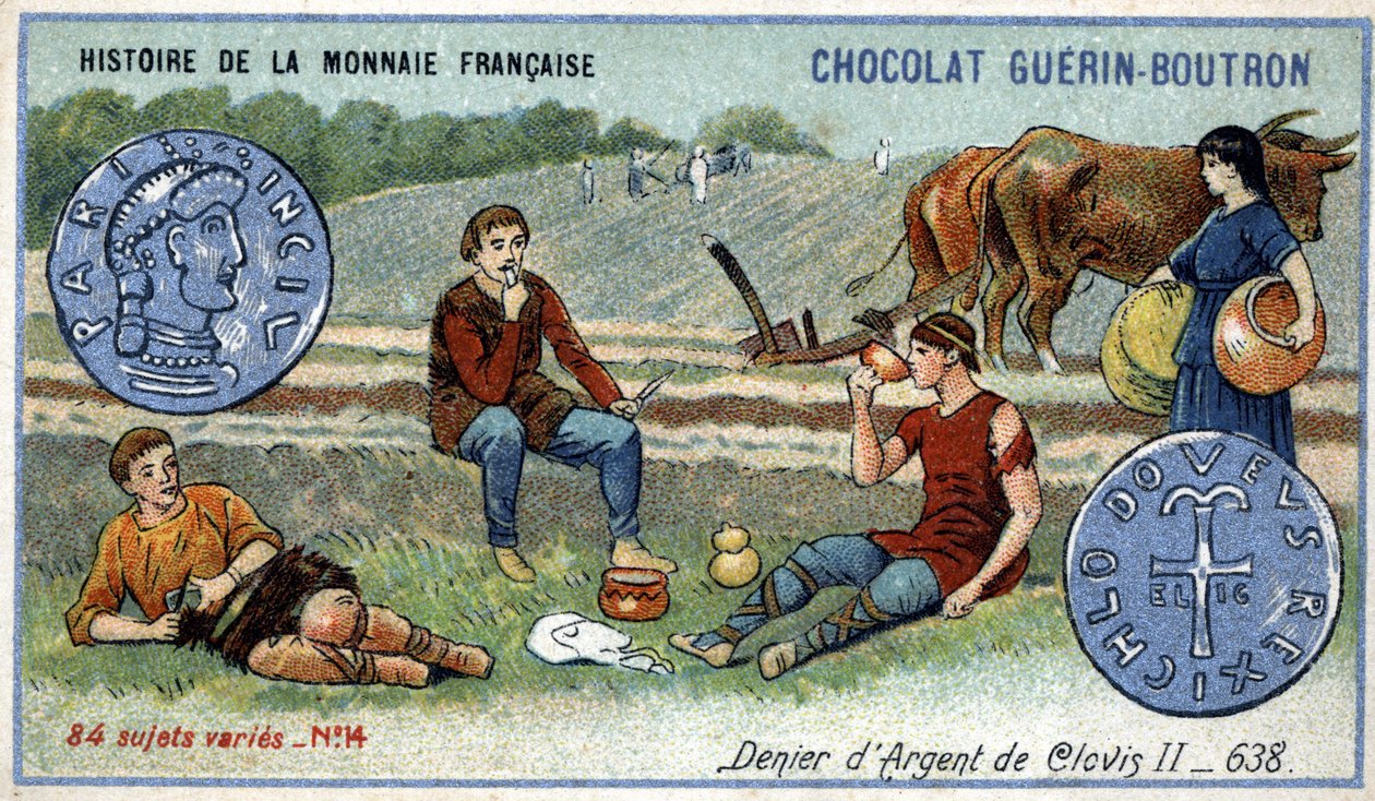 Série Historie francouzské měny nakladatelství Chocolat Guérin Boutron. Chromolitografie 19. století. Stříbrný denier Clovis II v roce 638 od Unknown artist