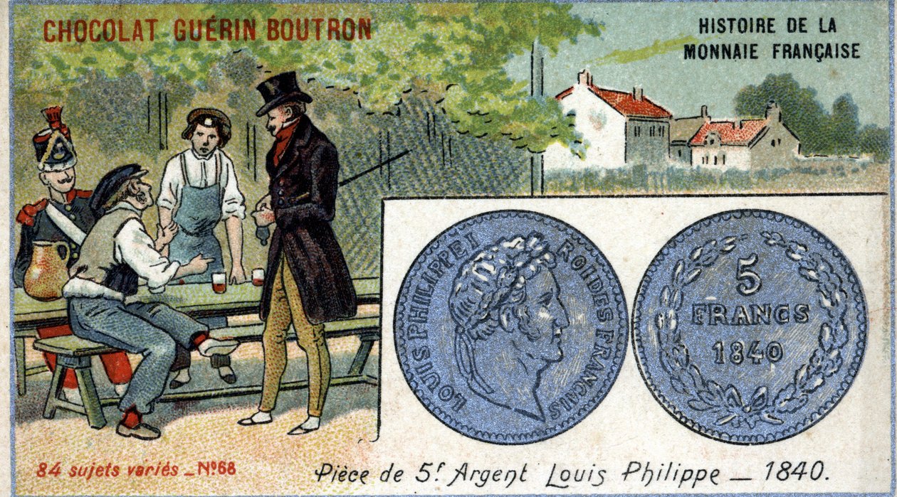 Série Historie francouzské měny nakladatelství Chocolat Guérin Boutron. Chromolitografie 19. století. 5 franková stříbrná mince. Louis Philippe 1st v roce 1840 od Unknown artist