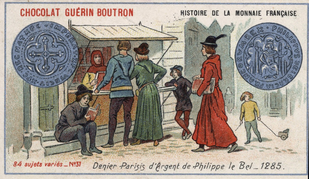 Série Historie francouzské měny nakladatelství Chocolat Guérin Boutron. Chromolitografie 19. století. Stříbrný denier od Philippe le Bel v roce 1285 od Unknown artist