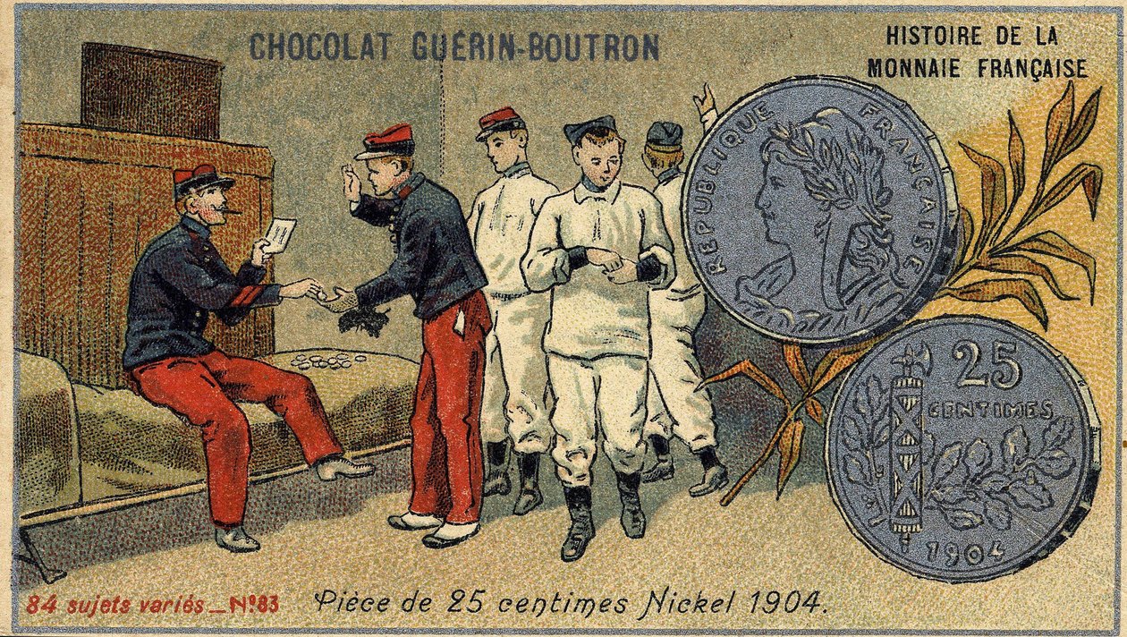 Série Historie francouzské měny nakladatelství Chocolat Guérin Boutron. Chromolitografie 19. století. 25 centová mince. Nikl 1904 od Unknown artist