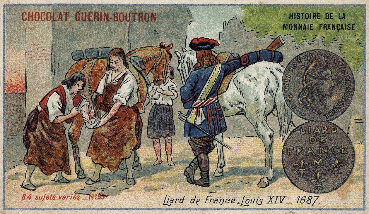Série Historie francouzské měny nakladatelství Chocolat Guérin Boutron. Chromolitografie 19. století. Liard z Francie. Ludvík XIV v roce 1687 od Unknown artist