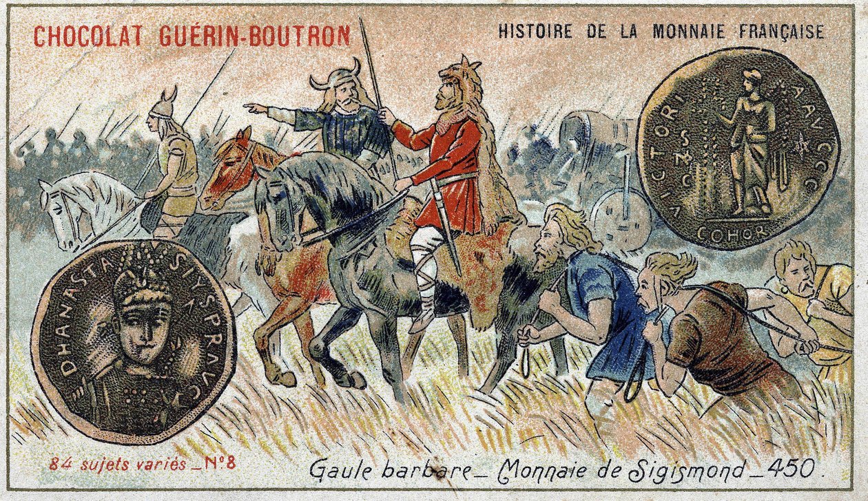 Série Historie francouzské měny nakladatelství Chocolat Guérin Boutron. Chromolitografie 19. století. Barbarská Galie. Měna Sigismond. od Unknown artist