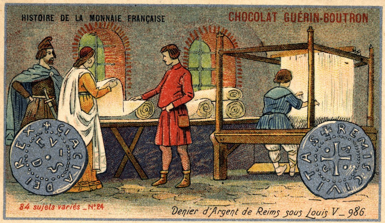 Série Historie francouzské měny nakladatelství Chocolat Guérin Boutron. Chromolitografie 19. století. Stříbrný denier z Remeše za Ludvíka V. v roce 986 od Unknown artist