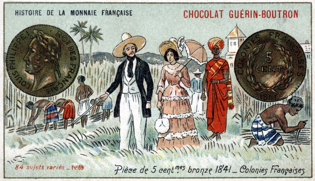 Série Historie francouzské měny nakladatelství Chocolat Guérin Boutron. Chromolitografie 19. století. 5 centová bronzová mince v roce 1841. Francouzské kolonie od Unknown artist