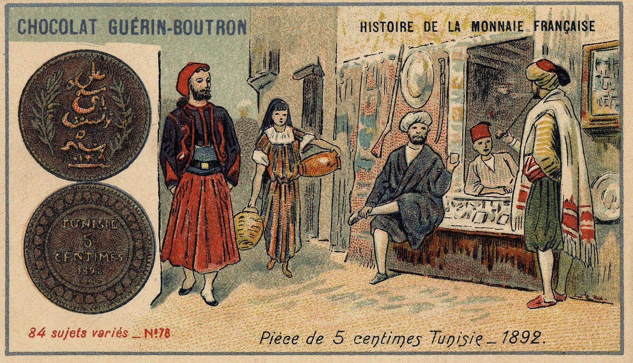 Série Historie francouzské měny nakladatelství Chocolat Guérin Boutron. Chromolitografie 19. století. 5 centová mince v Tunisku v roce 1892. od Unknown artist