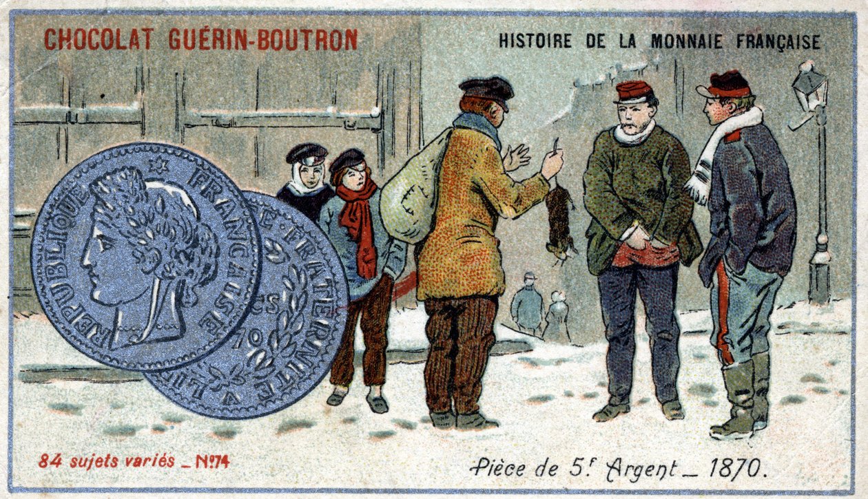 Série Historie francouzské měny nakladatelství Chocolat Guérin Boutron. Chromolitografie 19. století. Stříbrná mince 5 franků v roce 1870 od Unknown artist