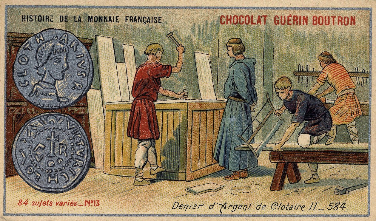 Série Historie francouzské měny nakladatelství Chocolat Guérin Boutron. Chromolitografie 19. století. Silver Denier of Clotaire (Clotaire) II v roce 584 od Unknown artist