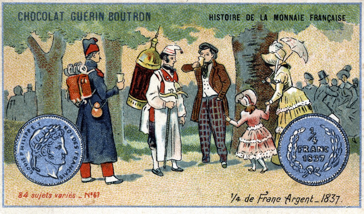 Série Historie francouzské měny nakladatelství Chocolat Guérin Boutron. Chromolitografie 19. století. čtvrtinu stříbrného franku v roce 1837 od Unknown artist