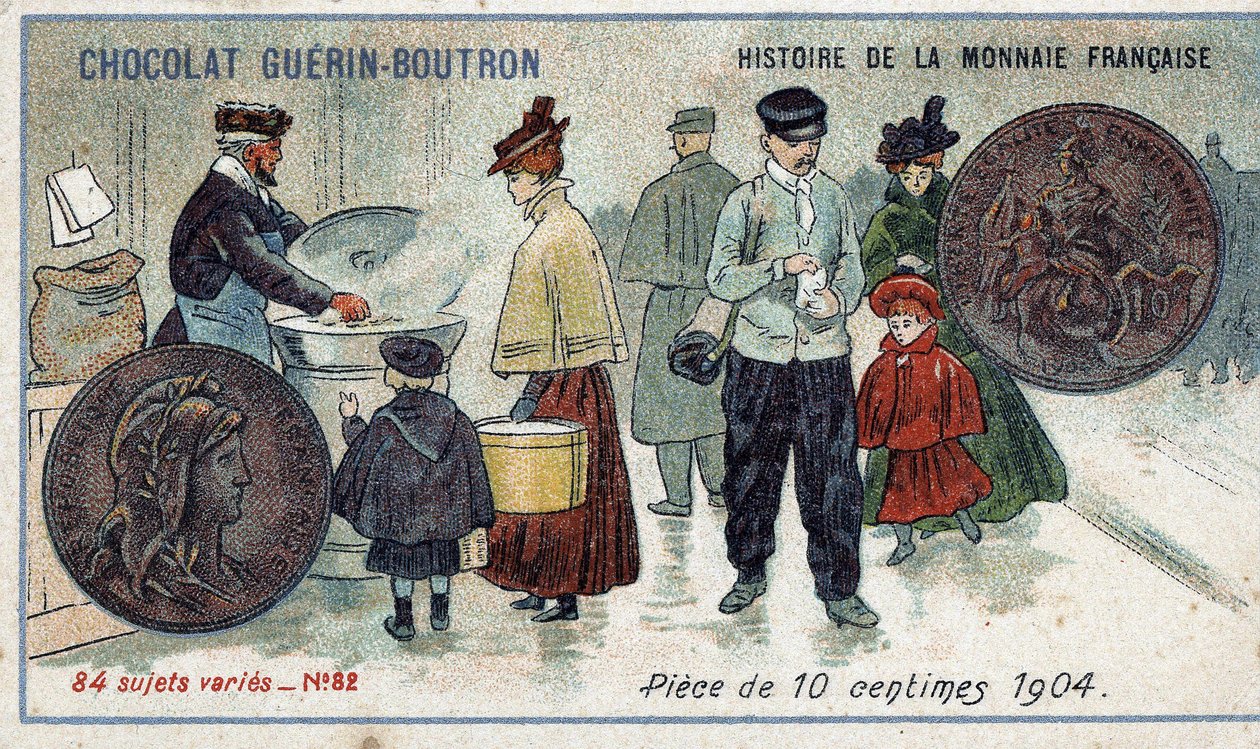 Série Historie francouzské měny nakladatelství Chocolat Guérin Boutron. Chromolitografie 19. století. 10 centová mince v roce 1904 od Unknown artist