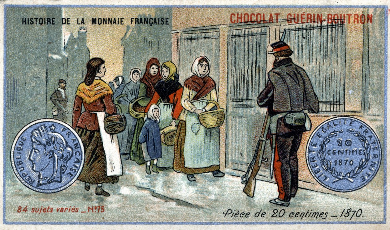 Série Historie francouzské měny nakladatelství Chocolat Guérin Boutron. Chromolitografie 19. století. 20 centimová mince v roce 1870 od Unknown artist
