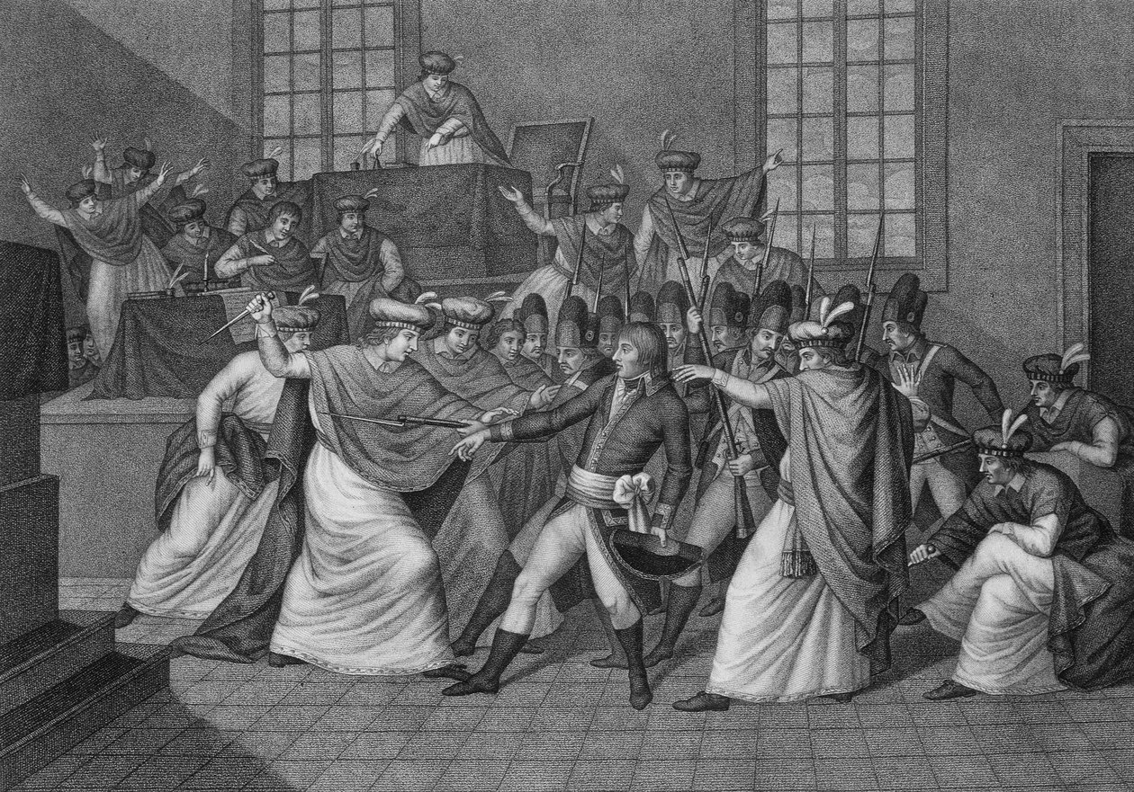 Zasedání zákonodárného sboru v oranžerii de Saint Cloud: Bonaparte se prezentuje na shromáždění Rady pěti centů (pět centů) (místnost 500) a rozpustil ji 19. roku brumaire VIII během státního převratu 18. brumaire. od Unknown artist