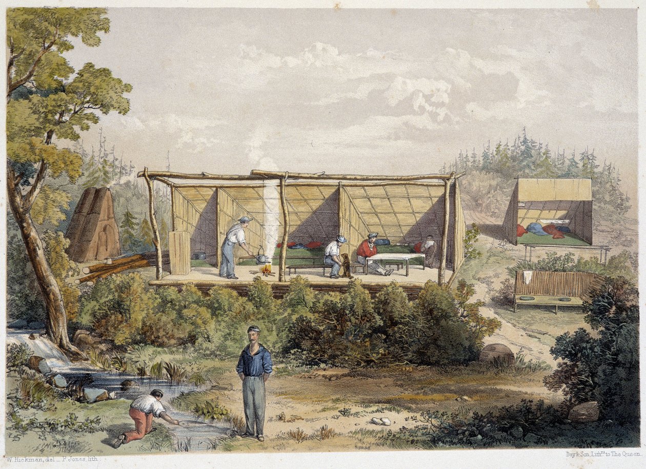 Tábor osadníků v Kanadě – v „“Sketches on the nipisaguit a river of New Brunswick in America”” od Williama Hickmana, ed. Halifax od Unknown artist