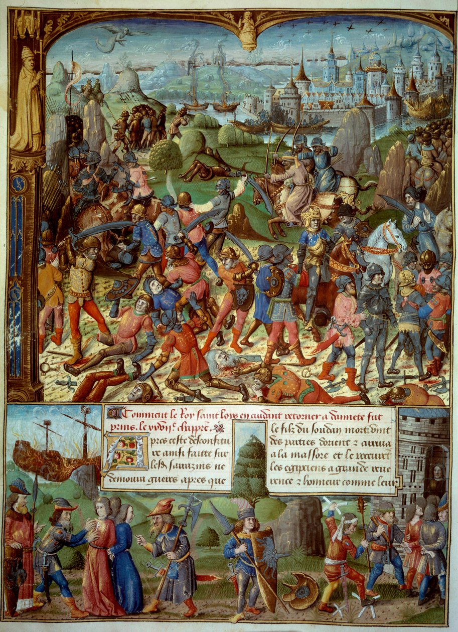 Sedmá křížová výprava (1248-1254). Nahoře Ludvík IX. (Svatý Ludvík) (1215-1270), král Francie, s přechody poté, co byl poražen Saracény u Mansourah v roce 1250. Stáhli se za věže Damašku. Louis IX a jeho dva bratři jsou zatčeni od Unknown artist