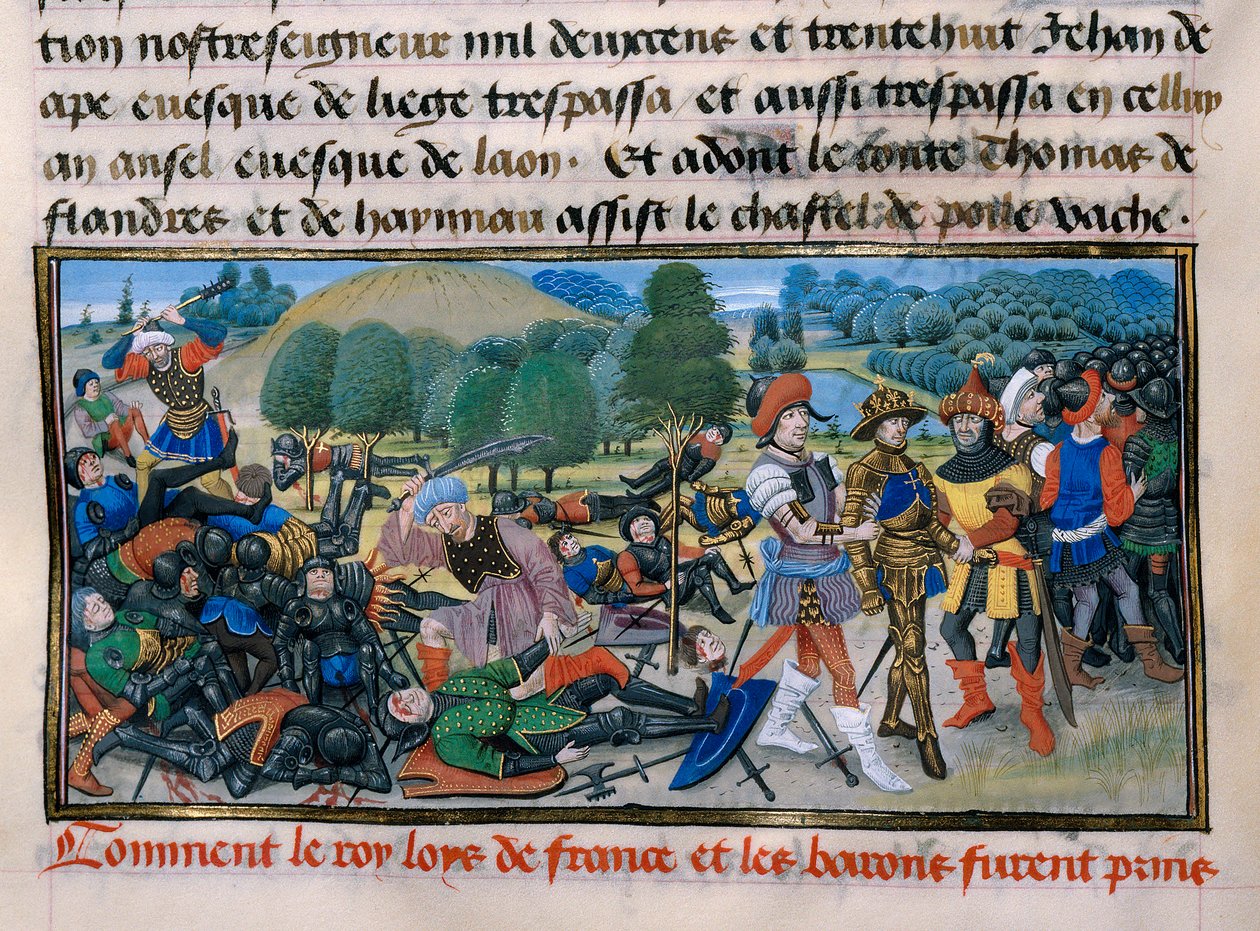 Sedmá křížová výprava: Král Ludvík IX. (Saint Louis) (1214-70) byl zajat během bitvy u Mansourah v roce 1250 v Egyptě, „Chronique abregee“ od Davida Auberta 1250 Paříž od Unknown artist