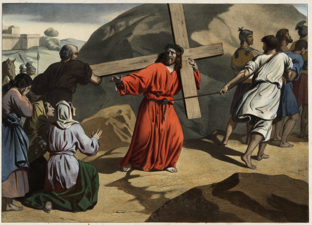 Vyšplhala na Kalvárii: Ježíš nesl svůj kříž a utěšoval jeruzalémské dcery. Anonymní rytina z poloviny 19. století. od Unknown artist