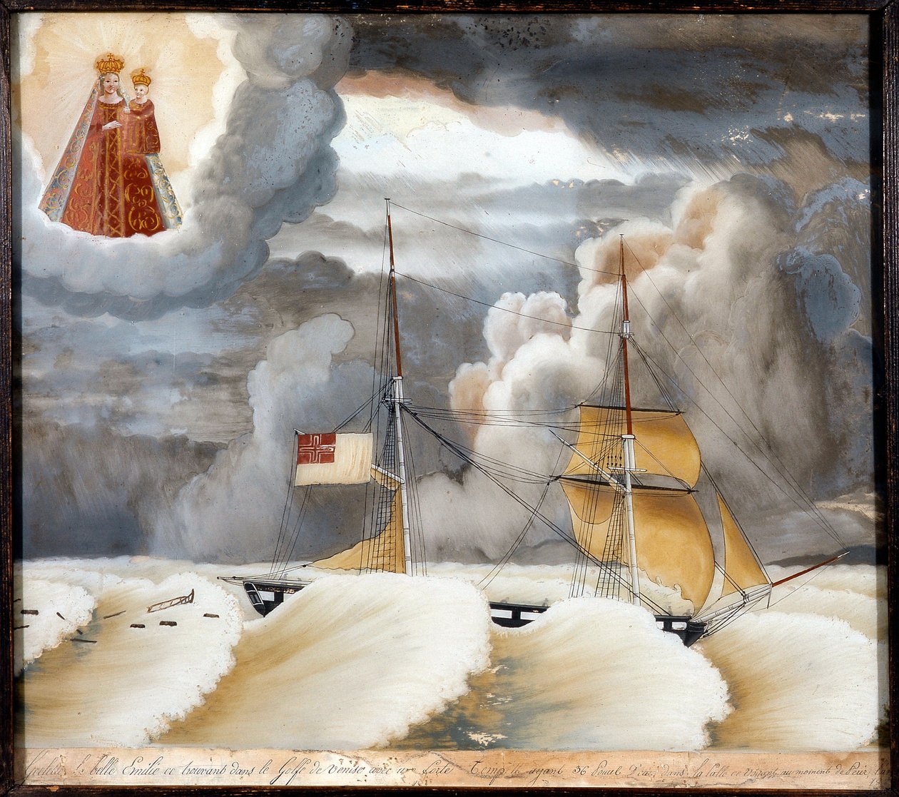 Loď „“La belle Emilie““ v obtížích – malba na dřevě, ex voto z Notre Dame de Laghet, 44x37 cm od Unknown artist