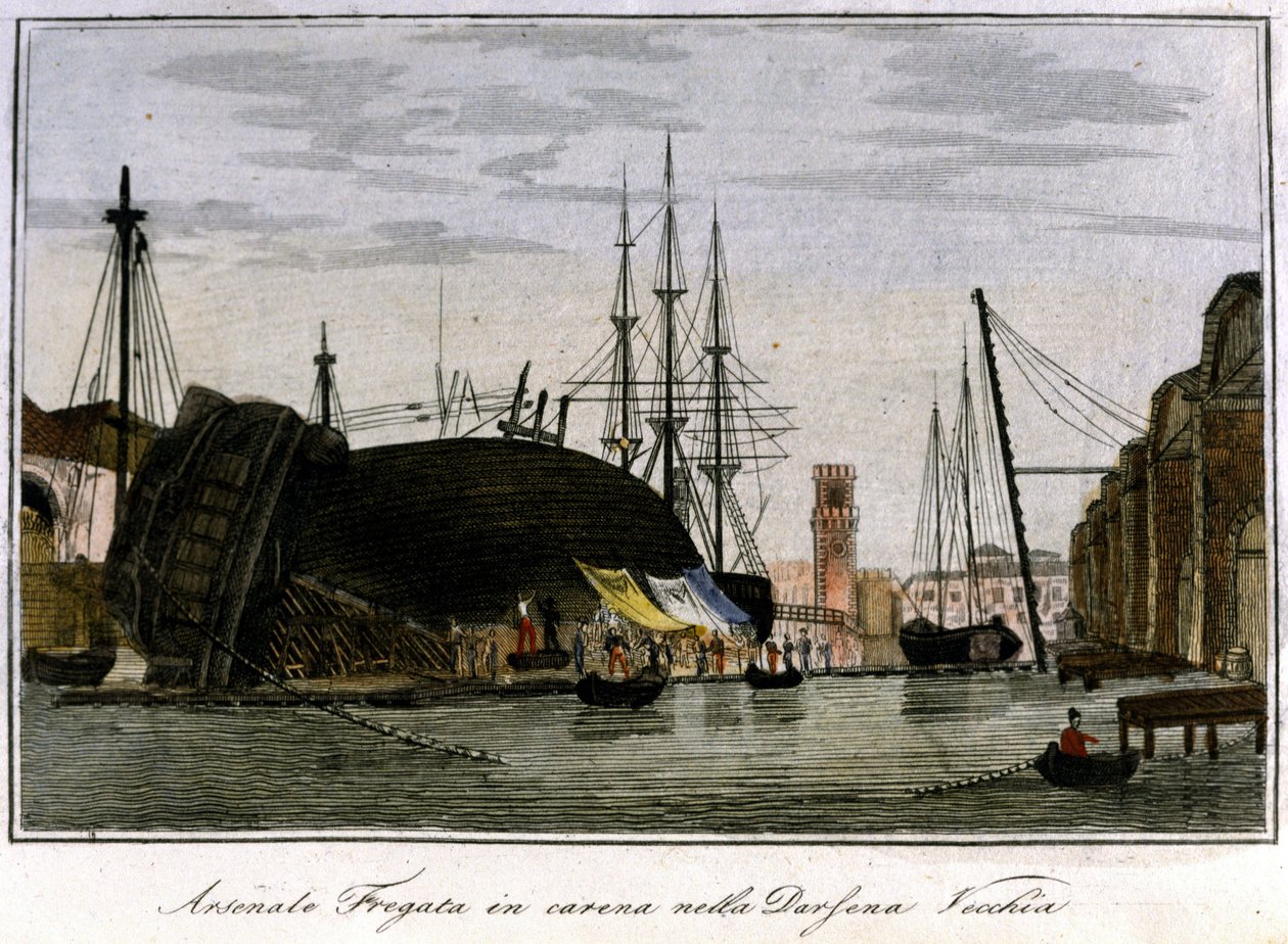 Loď sestřelena v trupu. Benátská fregata, jejíž trup je v arzenálu opravován. Rytina 19. století. od Unknown artist