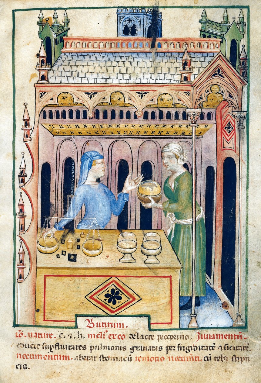 Kauppa voileivän ja kahden naisen kanssa, kuvitus Tacuinum sanitatisista, valaistu käsikirjoitus, latinalainen arabiankielinen uusintapainos 1000-luvulta od Unknown artist