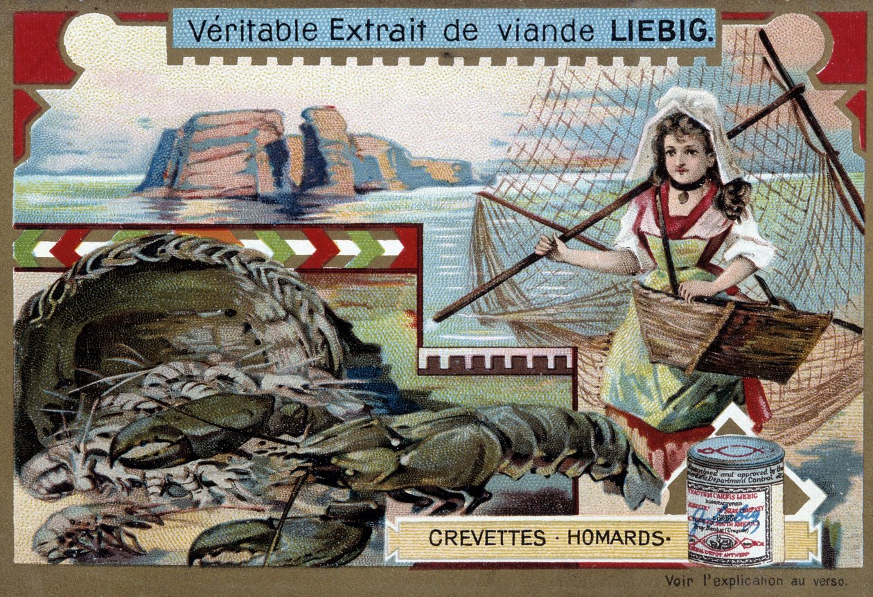 Krevety a humři, s mladou rybářkou, nesoucí svůj košík a velkou síť - Liebigova chromolitografie od Unknown artist