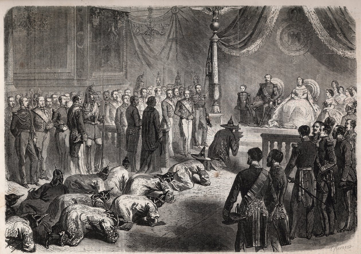 Siamští velvyslanci se plazí směrem k francouzské císařské rodině během slavnostní audience ve Fontainebleau za přítomnosti Napoleona III. (1808-1873), Eugenie (Eugenia de Montijo od Unknown artist