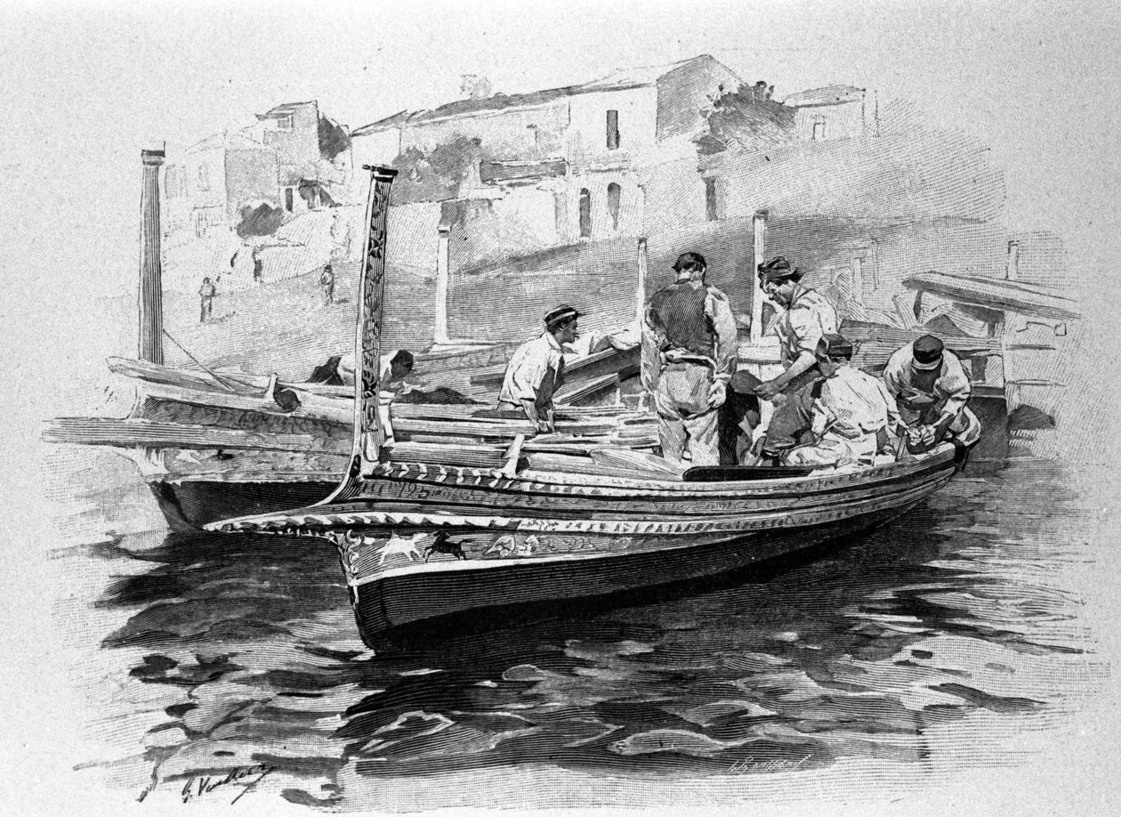 Sicilští rybáři z oblasti Lipari. 19. století rytina. od Unknown artist