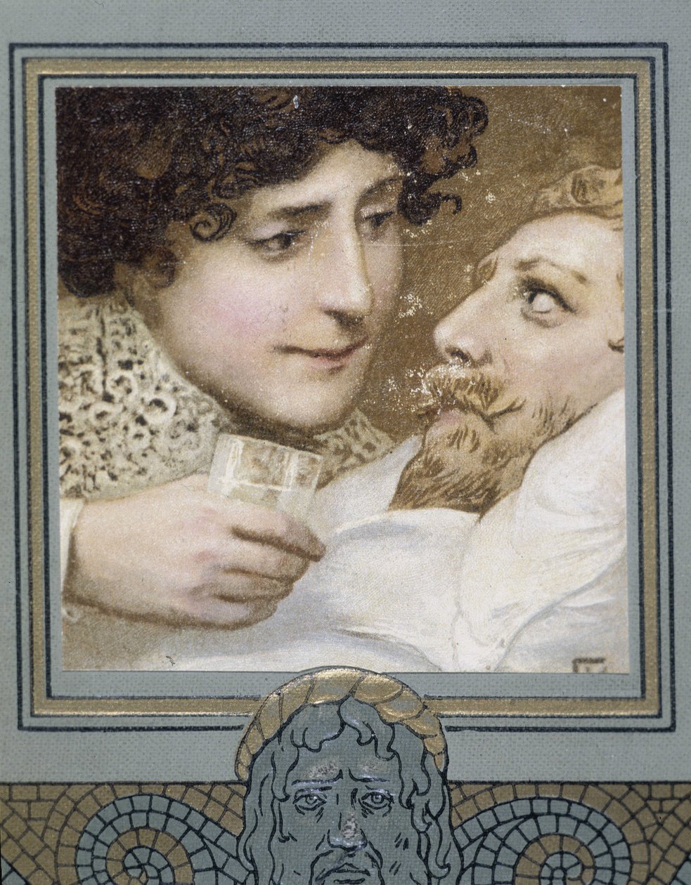 Nemocný muž a žena mu dávají sklenici vody - 19. století od Unknown artist