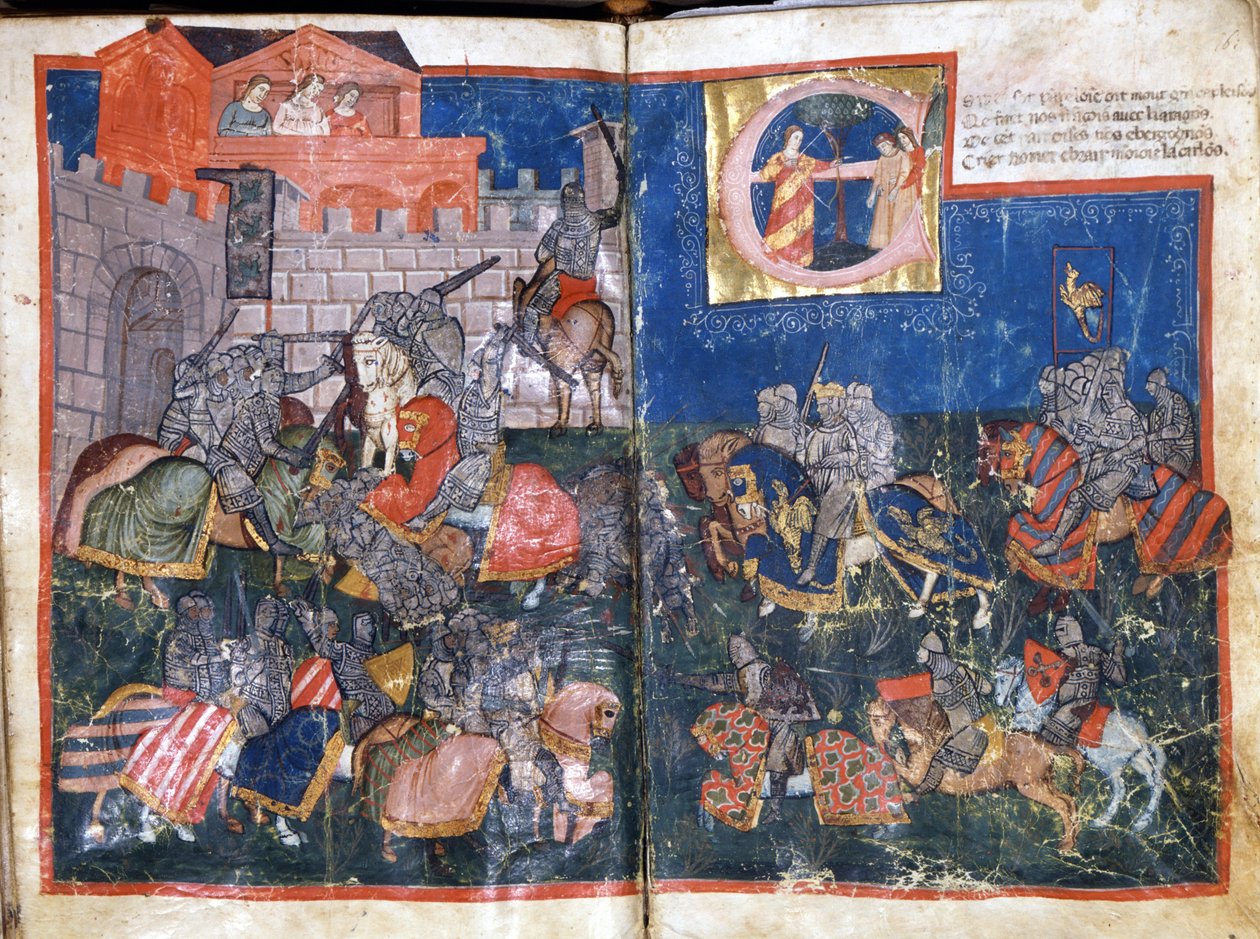 Obléhání Pamplony ve Španělsku miniaturou Karla Velikého z „Entree of Spain““. Benátky 14. století, Biblioteca Marciana. od Unknown artist