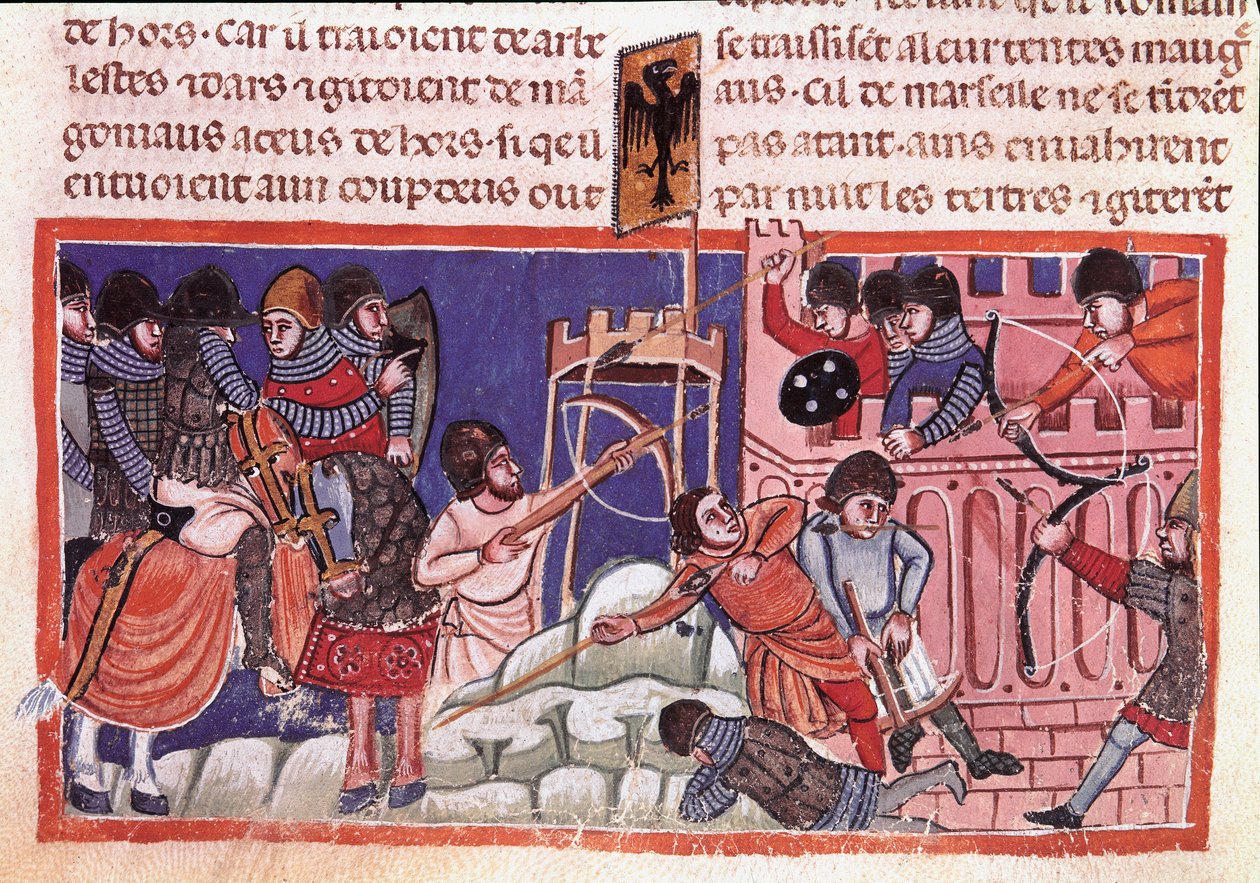 Obléhání opevněného města. Miniatura z kodexu o faktech Julese Cesara (101 př. n. l. – 44 př. n. l.) Benátky 14. století, Biblioteca marciana od Unknown artist