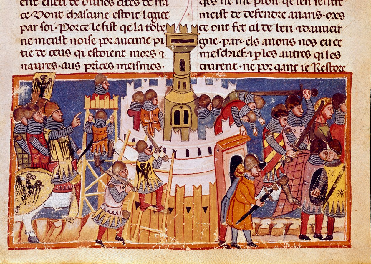 Obléhání opevněného města Miniatura převzatá z „Fakta Římanů““ vyprávějící o životě dvanácti Cesarů. Benátky 13. století, biblioteca Marciana od Unknown artist