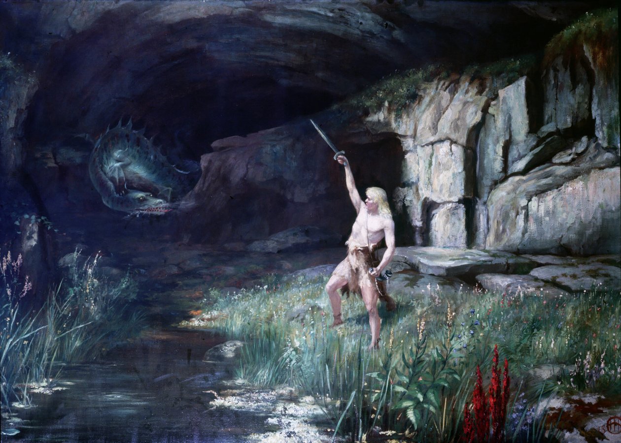 Siegfried čelem k draku Fafnerovi zamával mečem. Scéna opery „Prsten Nibelungův““ Richarda Wagnera (1813 - 1883). Malování. od Unknown artist