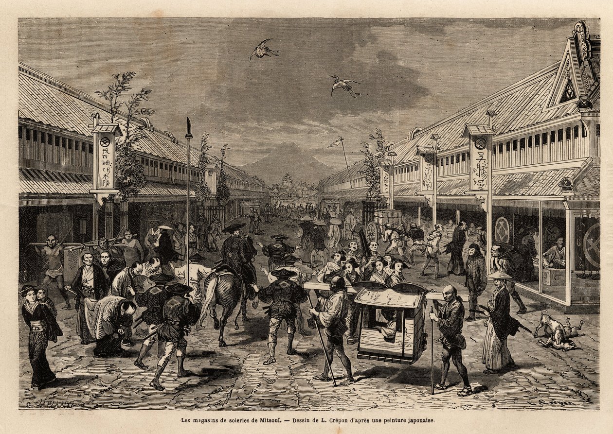 Obchody s hedvábím v Mitsoui, Yedo (nebo Edo, dnešní Tokio), živé a v pozadí silueta hory Fuji. Rytina k ilustraci plavby do Japonska v letech 1863-1864 od Aime Humberta, ministra Švýcarské konfederace, v „Le tour du monde, nou od Unknown artist