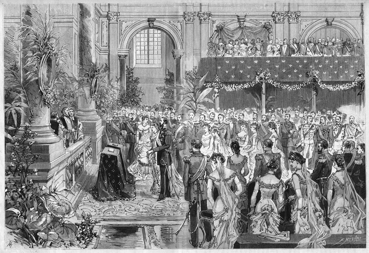 Stříbrná svatba krále a královny Švédska a Norska, Oscar II (1829-1907) a Sophie de Nassau (1836-1913), 6. června 1882. Rytina v „“The Illustrous World““ n¡1316 ze 17. června 1882. od Unknown artist