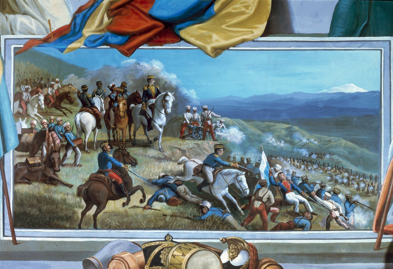 Simon Bolivar vede povstalecké jednotky proti španělským silám Agustina Agualonga, freska radnice Ibarra, Ekvádor od Unknown artist