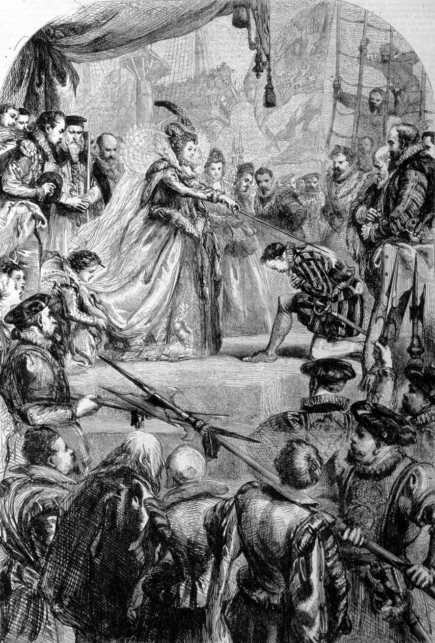 Sir Francis Drake (1540-1596), anglický mořeplavec byl v roce 1581 pasován královnou Alžbětou I. na rytíře. Rytina. od Unknown artist