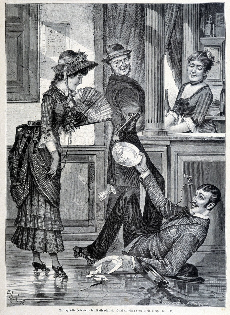 Bruslařská scéna v pivovaru. Chlapec spadne a rozbije talíře, které měl na sobě (1883). od Unknown artist