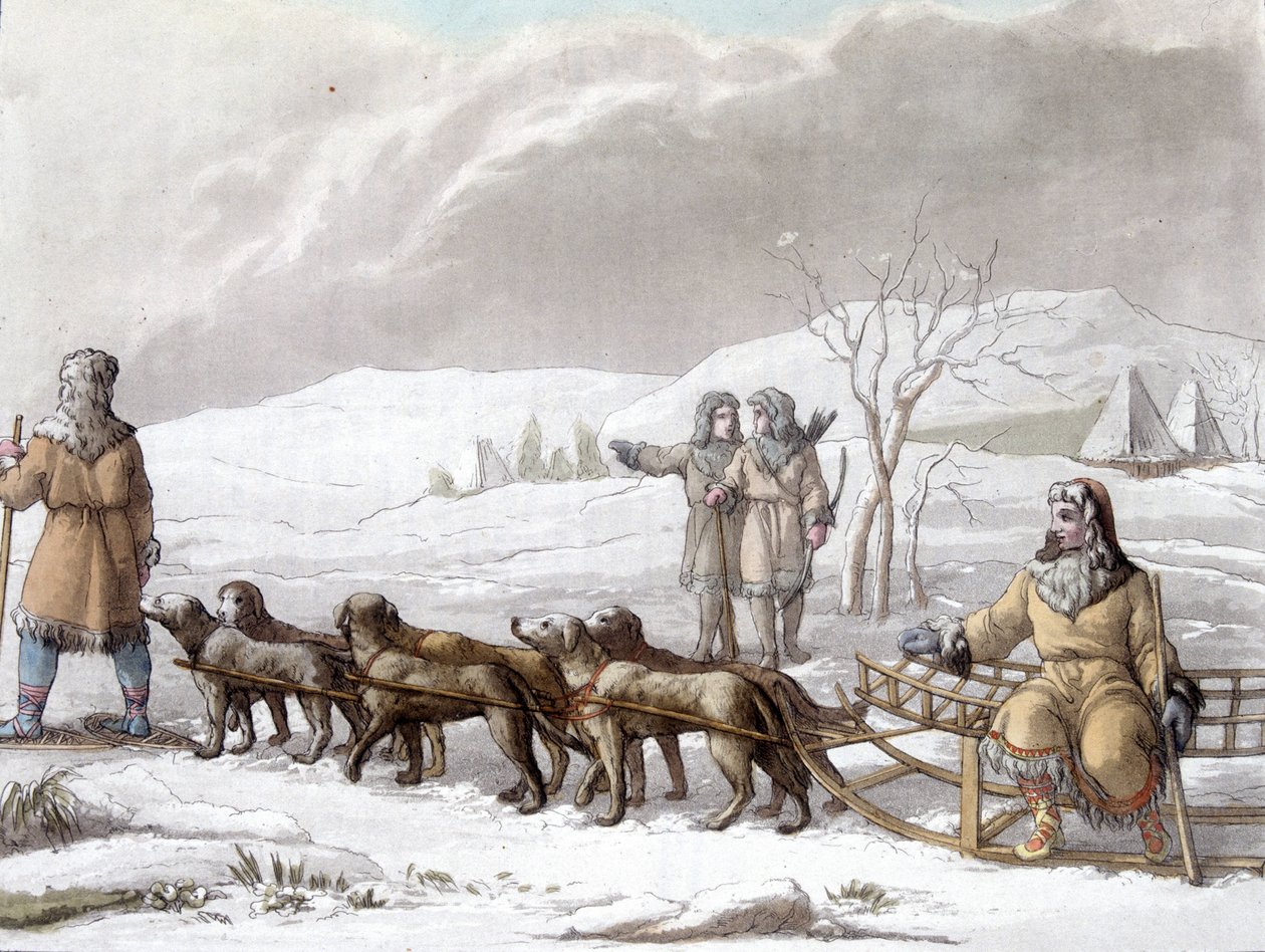 Sáně z Kamtchadales tažené psy, Sibiř. Kresba Gallina f. Knihovna dekorativních umění v Paříži. “”Starověký a moderní kostým”” od Unknown artist