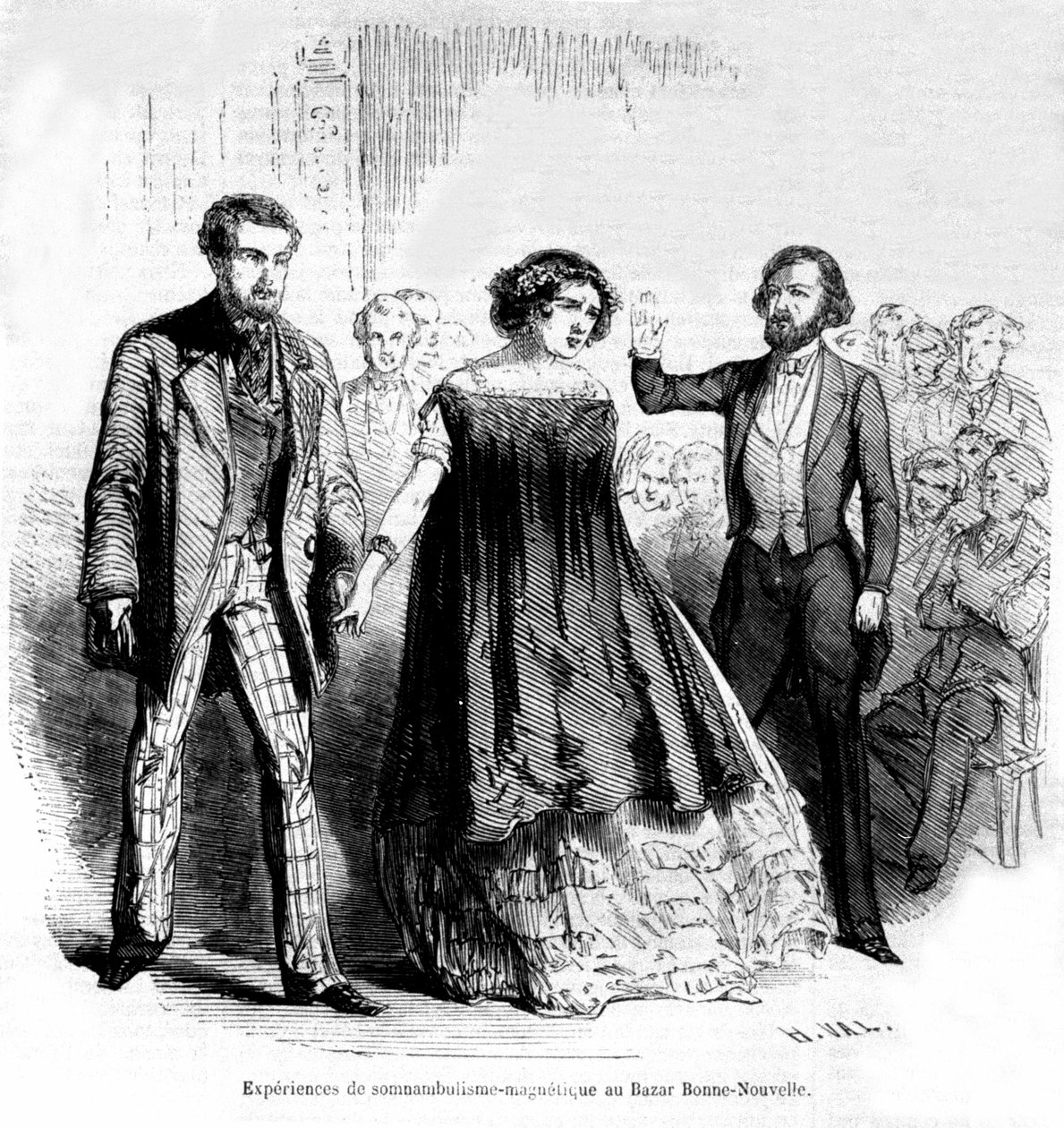 Náměsíčné zážitky: magnetismus a hypnóza na Bazaar de la Bonne-Nouvelle, rytina z roku 1885 od Unknown artist