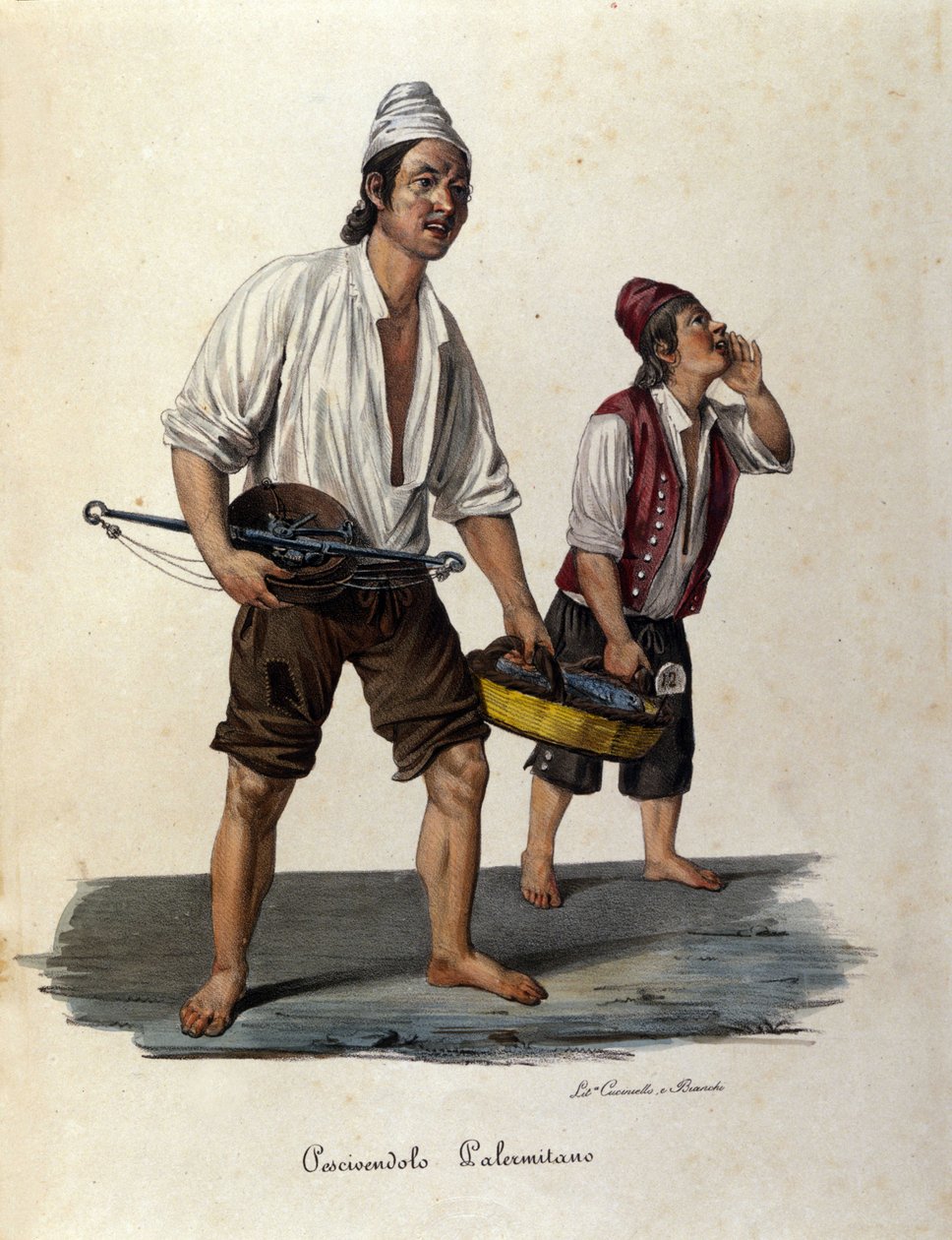 Malý metier ulice: prodejci chodících ryb. Sicílie rytina 19. století od Unknown artist