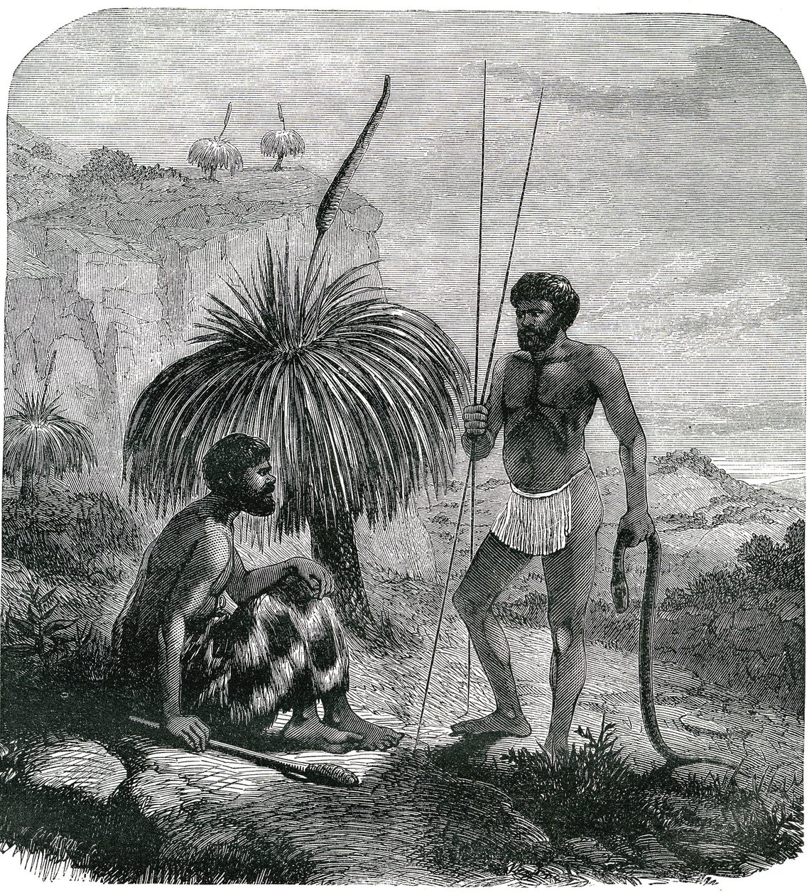 Lovci hadů v Austrálii. Rytina 1868 od Unknown artist