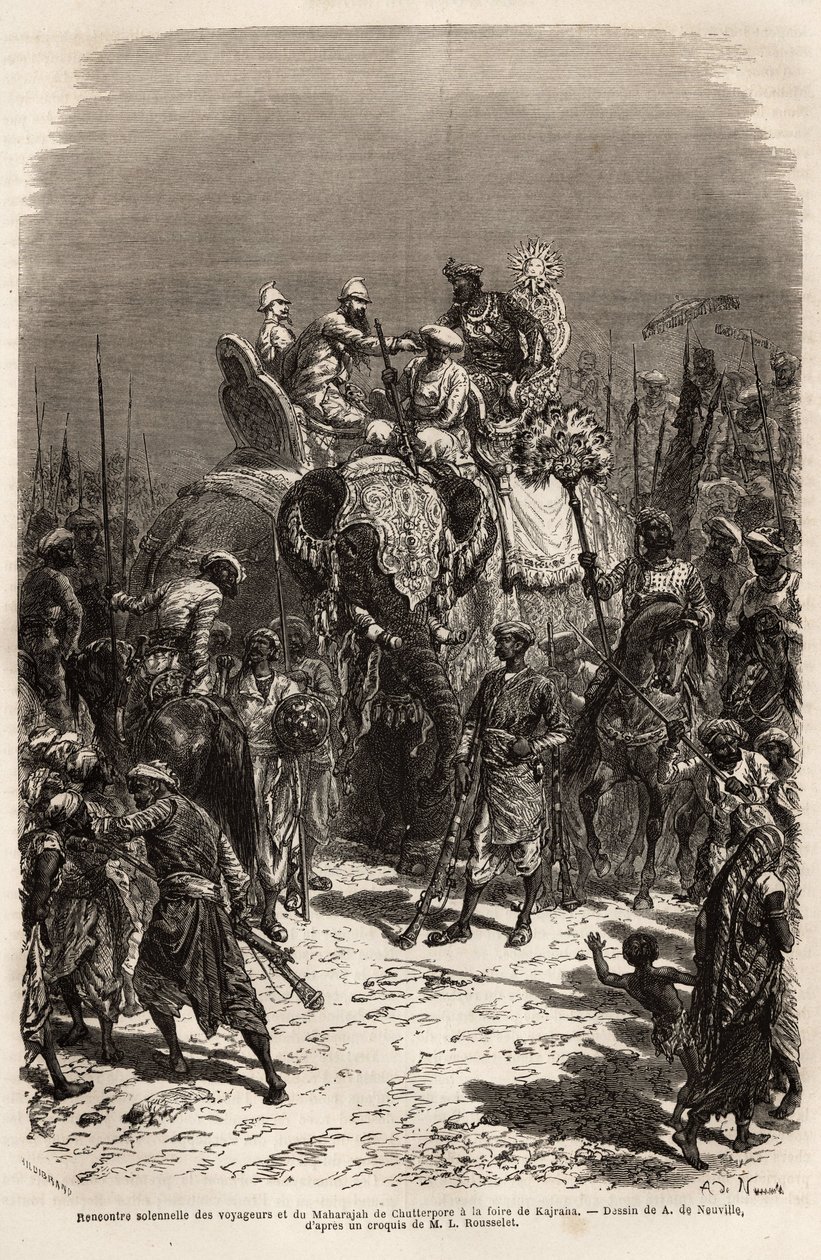Slavnostní setkání a ruční setkání na hřbetě slona mezi týmem cestovatelů a mahárádžou z Chutterpore na veletrhu Kajraha. Rytina k ilustraci plavby Rajahů v Indii od Louise Rousseleta v letech 1864-1868, publikovaná v „“ Le od Unknown artist