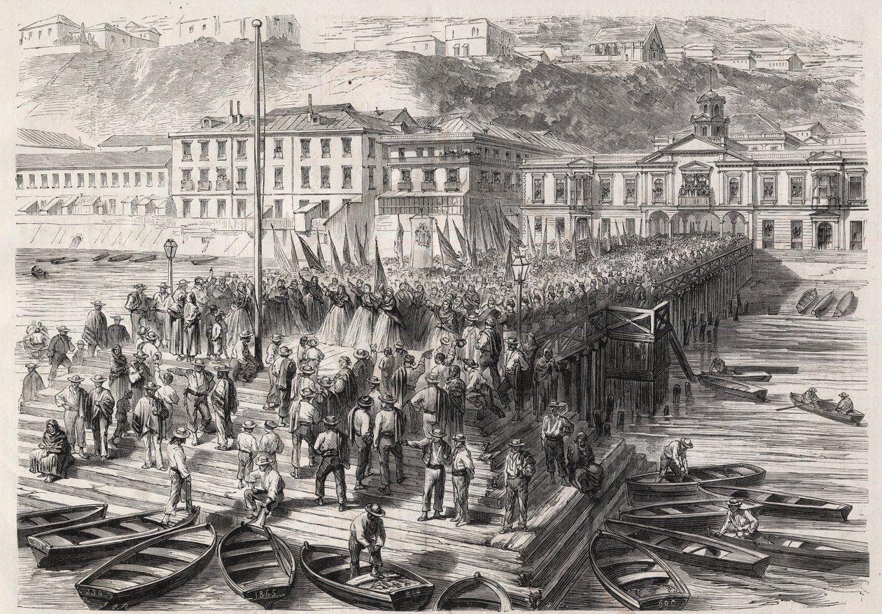 Jihoamerická hispánská válka mezi Chile a Španělskem, září 1865: dámy z Valparaisa v přítomnosti španělské eskadry blokující přístav zpívají vlastenecké hymny – Engraving In „“The Illustrous World““ od Unknown artist