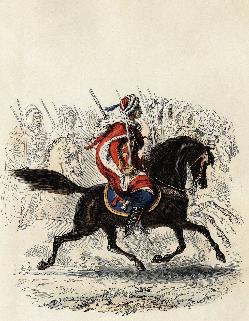 Spahis (indický jezdecký sbor francouzské armády) složený převážně z arabských jezdců vycvičených pro provincii Alžír v roce 1834, d