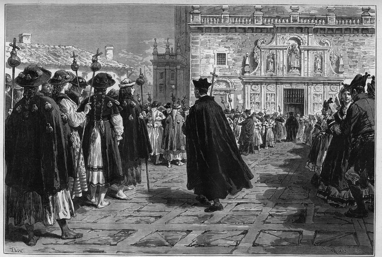 Španělsko 1880: svátky Santiaga de Compostela (Santiago de Compostela), průvod pelerinů u vchodu do baziliky. od Unknown artist