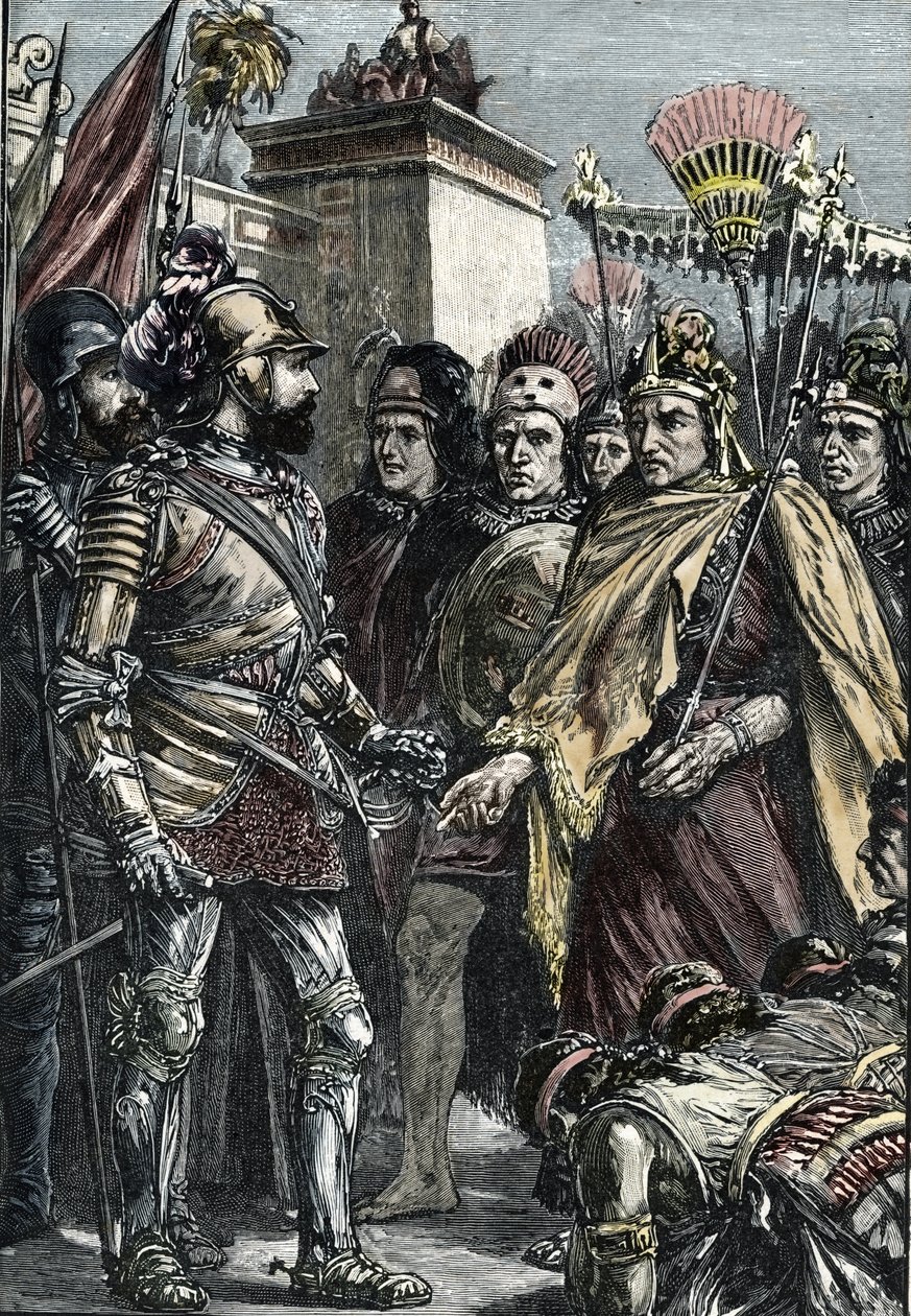 Španělské dobytí Mexika:setkání Hernana Cortése a Montezumy II. v roce 1519 od Unknown artist