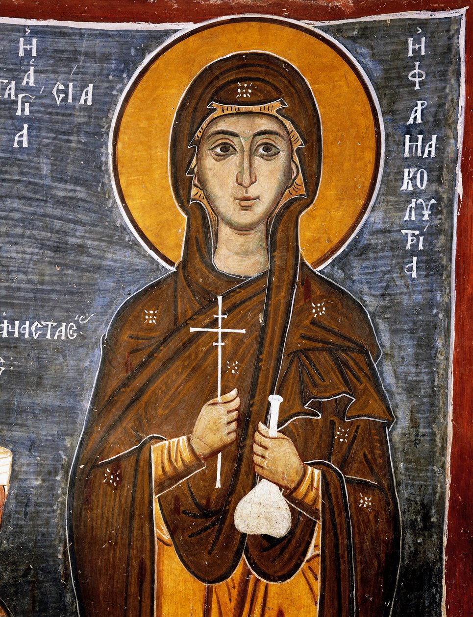 Svatá Anastázie, léčitelka koní s lahví léků a křížem, byzantský kostel Panny Marie z Asinou (12. století) (Seznam světového dědictví UNESCO, 2001), pohoří Troodos, Kypr, Detail od Unknown artist
