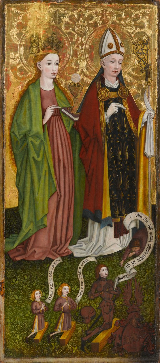 Sv. Barbora a sv. Valentýn s Casparem von Laubenbergem a jeho syny, kolem roku 1450 (tempera a olej na desce) od Unknown artist